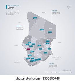 Chad vector map with infographic elements, pointer marks. Editable template with regions, cities and capital N'Djamena. 
