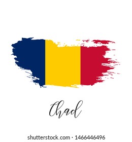 Chad vector watercolor national country flag icon. Hand drawn illustration with dry brush stains, strokes, spots isolated on gray background. Painted grunge style texture for posters, banner design.