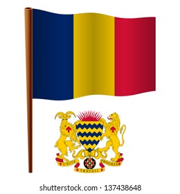 chad wavy flag and coat of arms against white background, vector art illustration, image contains transparency