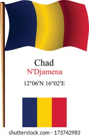 chad wavy flag and coordinates against white background, vector art illustration, image contains transparency