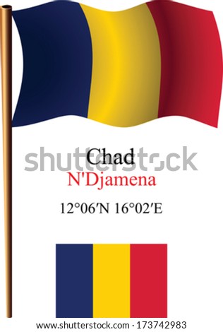 chad wavy flag and coordinates against white background, vector art illustration, image contains transparency