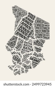Chad Word Cloud. Country with regions division. Chad typographic text clouds vector image design. Vintage gazette style country shape image. Modern vector illustration.