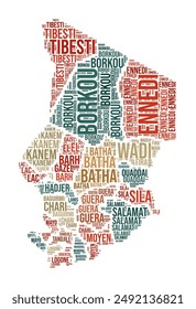 Chad Word Cloud. Country shape with region division. Chad typography style image. Region names tag clouds. Vector illustration.