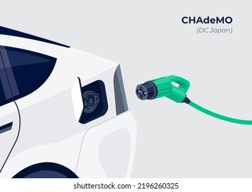 Chademo standard charging connector plug and socket. Opened electric battery vehicle inlet charger detail. EV getting plugged with charge DC power electricity supply cable. Vector illustration.