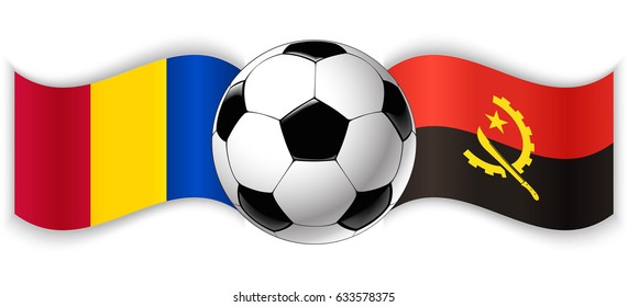 Chadian and Angolan wavy flags with football ball. Chad combined with Angola isolated on white. Football match or international sport competition concept.