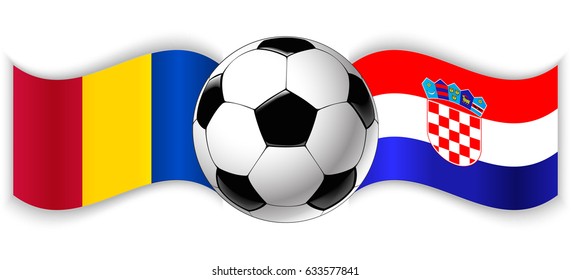 Chadian and Croatian wavy flags with football ball. Chad combined with Croatia isolated on white. Football match or international sport competition concept.