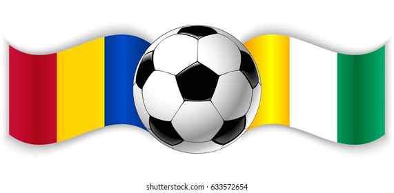 Chadian and Ivorian wavy flags with football ball. Chad combined with Ivory Coast isolated on white. Football match or international sport competition concept.