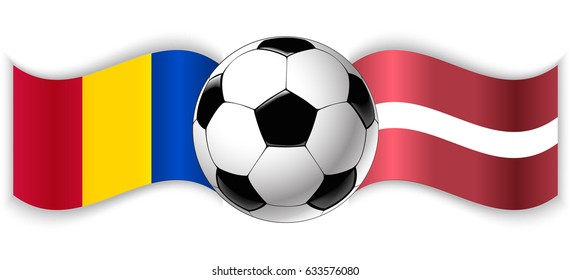 Chadian and Latvian wavy flags with football ball. Chad combined with Latvia isolated on white. Football match or international sport competition concept.