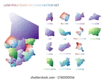 Chadian low poly regions. Polygonal map of Chad with regions. Geometric maps for your design. Artistic vector illustration.