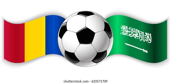 Chadian and Saudi Arabian wavy flags with football ball. Chad combined with Saudi Arabia isolated on white. Football match or international sport competition concept.