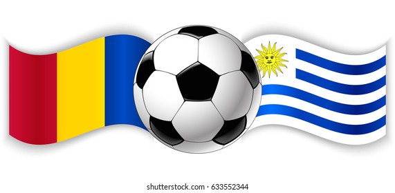 Chadian and Uruguayan wavy flags with football ball. Chad combined with Uruguay isolated on white. Football match or international sport competition concept.