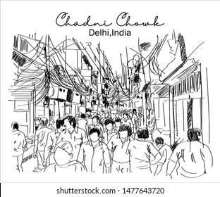 Chadni chowk old delhi india sketch vector or illustration