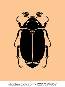 Chafer,cockchafer. Black vector beetle silhouette isolated on orange background.