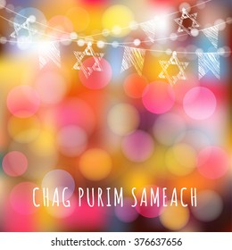 Chag Purim greeting card with garland of lights and jewish stars, jewish holiday concept, vector illustration background