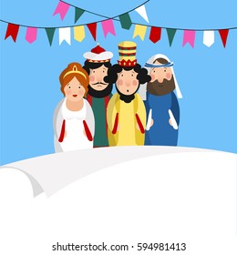 Chag Purim Sameach holiday greeting card for the Jewish festival. Hand drawn queen Esther, king Ahasuerus, Haman and Mordecai. Vector illustrations for the Megillah's tale, party flags decoration. 