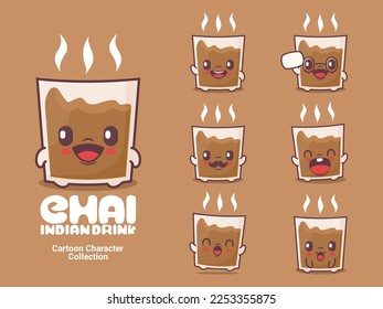 caricatura de chai. ilustración de vector de bebida con expresiones diferentes