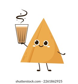 Chai character. Karak Milk Chai Illustration On Organic Background. Spicy Hot Tea Design Element Vector Design. Samosa vector illustration. Samosa is indian food.