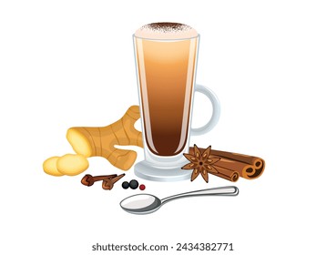 Chai Latte mit Ingwer, Zimt, Gewürze Vektor-Illustration. Chai Latte mit Schaummilch-Ikone Vektor isoliert auf einem weißen Hintergrund. Chai Latte in einem hohen Glas mit einem Griff Zeichnung