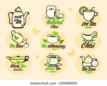 Chai, Tea set colourful illustrations with lettering collection. Black , green , natural tea ceremony. Kettles. Vector illustration design.