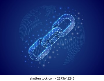 Símbolo de barra baja de cadena 3d con fondo de mapa del mundo azul. Ilustración vectorial de diseño de concepto Chainlink. Símbolo poligonal de cadena de bloqueo con puntos conectados