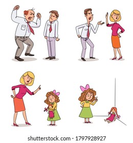 Chain anger people relationship scene vector set. Aggressive boss chief shouting on man employee at work. Husband screaming on scared wife at home. Mother scolding daughter. Girl scolds doll