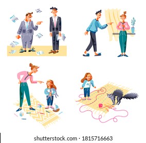 Chain anger people relationship scene vector set. Aggressive boss chief shouting on man employee at work. Husband screaming on scared wife at home. Mother scolding daughter. Girl swearing