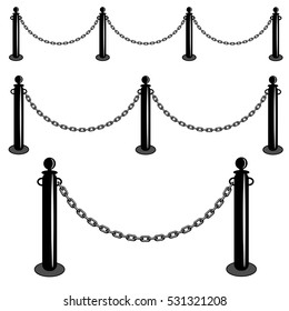 Chain barrier stand. Iron fence barricade. Isolated set vector illustration.