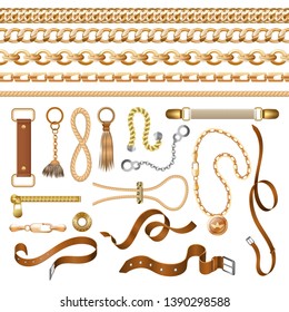 Chain And Belt Elements. Golden Braid Leather Strap And Furniture, Fashion Ornamental Elements. Vector Vintage Elegant Baroque Bracelets And Buckles