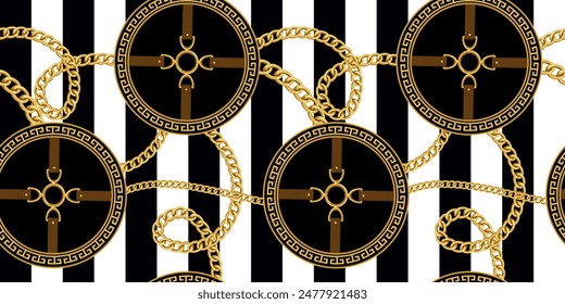 Chain and belt patterin in checkered background. Seamless textile print pattern.