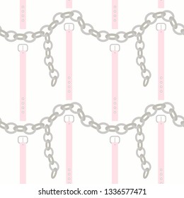 Chain and belt seamless pattern design.  Silver chains with pink belts on a white background