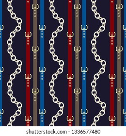 Chain and belt seamless pattern design.  Silver chains with colorful belts on a deep blue background