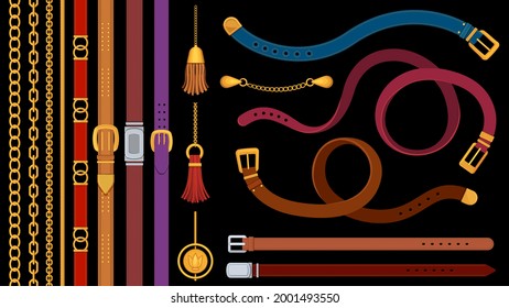 Chain belts. Brushes golden chains and leather belt with metal buckle. Jewelry pendant, fringe, strap and braids. Fashion element vector set. Material of accessory stripe belt with buckle illustration