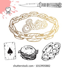 Chain, brass knuckles, butterfly knife, hamburger and playing card. Set of outline vector illustrations isolated on white background.
