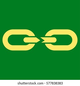 Chain Break vector icon. Flat yellow symbol. Pictogram is isolated on a green background. Designed for web and software interfaces.