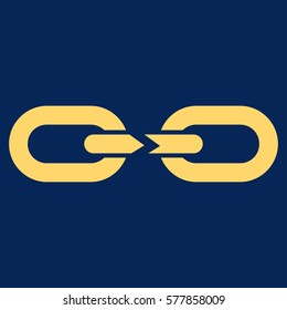 Chain Break vector icon. Flat yellow symbol. Pictogram is isolated on a blue background. Designed for web and software interfaces.