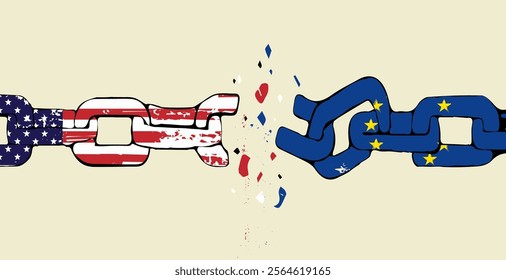 chain breaks between Europe Union, USA flags banner, template, background, web. Concept of tensions in relations partnerships between America Europe, trade, strategic partnership, sanctions, duties.	