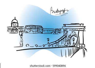 Chain Bridge in Budapest by night, vector, hand drawn