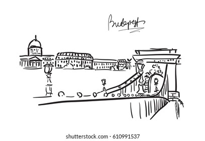 Chain Bridge in Budapest by night, vector, hand drawn