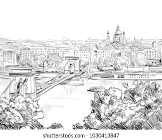 Chain Bridge. Budapest. Hungary. Europe. Hand drawn vector illustration.