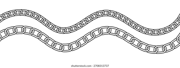 Línea de cepillo de cadena aislada. Vector de contorno de cadena de cuerda. Ilustración de línea de metal enlazado curvo