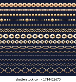 Chain brush set. Golden chainlet in line or metallic link of jewelry. Collection of shining metal string and necklace accessories isolated on black background. Different shapes ornaments. Vector