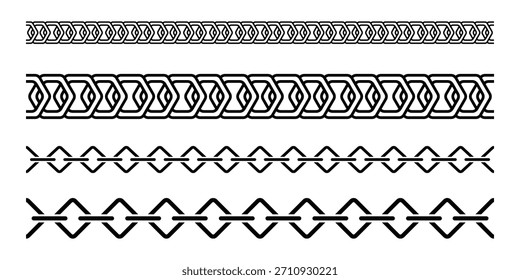 Kettenbürstensatz. Metallkettenvektor. Pinselsatz mit Kettenmuster. Realistischer stark verknüpfter Vektor. Nahtlose Metallkette in Schwarz.