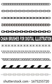 Chain brushes for fashion and digital illustration.  Cable, stitch, chain, yarn, metallic chain, motorcycle, jewel, jewelry, chainsaw.