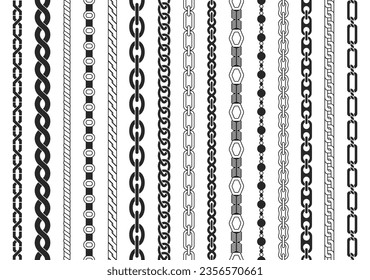 Chain brushes seamless pattern. Chains thread, jewelry black silhouette. Technical structure, machine or cable elements decent vector set