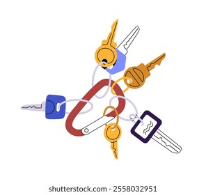 Chain, bunch of different keys hanging on carbine, keychain, keyholder ring. Carabiner fob, keyring to lock and unlock doors of home, office. Flat isolated vector illustration on white background