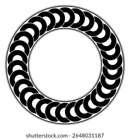 Chain of circles, circle frame. Decorative border made of thirty black overlapping circular shapes, seamlessly interconnected, creating a multi-layer effect. Black and white illustration. Vector