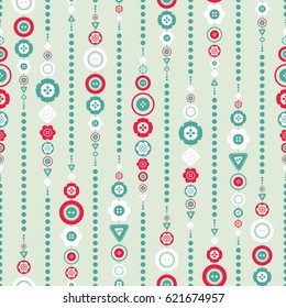 Chain of colorful bright buttons and beads seamless pattern, vector illustration. Cute design, modern colors for greeting cards, scrapbooks, textile.