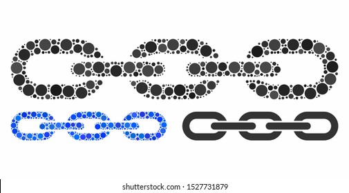 Chain composition of small circles in variable sizes and color hues, based on chain icon. Vector filled circles are united into blue composition. Dotted chain icon in usual and blue versions.