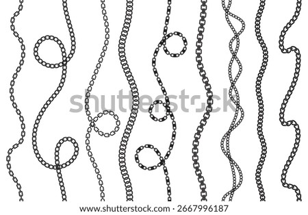 Chain curved borders. Seamless twisted lines, black silhouettes, different elegant weaves, repeating loop segments, jewelry rope borders, bijouterie necklaces or bracelet nowaday vector isolated set