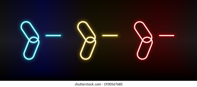 , borrar, vincular el conjunto de iconos neón. Icono de vector de neón rojo, azul, amarillo